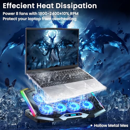 Laptop Cooling Pad with 8 Cooling Fans, Cooling Pad for Gaming Laptop Fan 12-17.3 Inch, Laptop Cooler Stand with 5 Height Adjustable, Notebook Cooler Pad with 2 USB Port, Phone Stand (8 Fans)