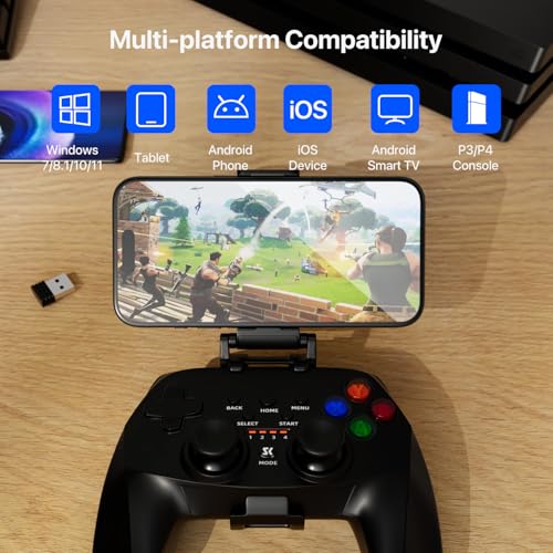 ISHAKO Mobile Game Controller with Stand for PC Windows/Android/iPhone, 360° joystick with 2.4G receiver, phone holder, USB-C charging prot, Mobile Game Controller - Black