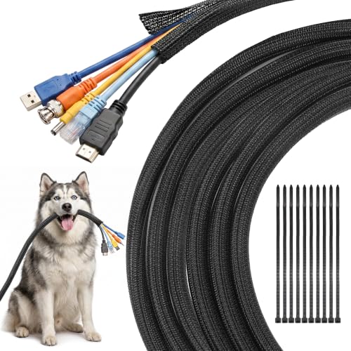 Delamu 30ft - 1/2 inch Cable Sleeve Cord Protector from Pets No Chew, Split-Braided PVC Wire Loom Tubing for Desk Computer USB TV Cord Organizer, Easy Set-up Cable Management Sleeve Kit, Black - color: Black, size: 1/2"-30ft