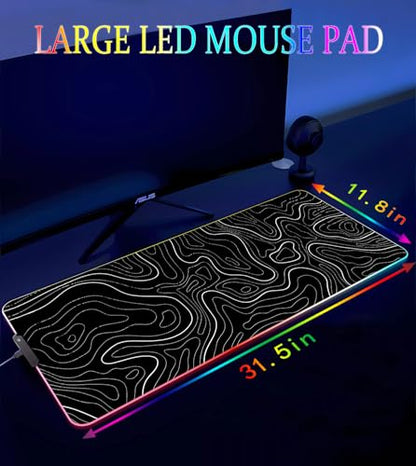 RGB Gaming Mouse Pad, Large Mouse pad with Led Light, Black Lines Non-Slip Rubber Base Big Mouse Mat for Gamer, 31.5 X 11.8 Inch - color: 14 Topographic Line