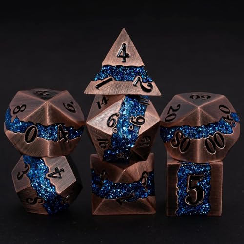 Metal DND Polyhedral Dice,Large Stripe Glitter Metallic Dice Set,Antique Silver Dice 7pcs Set for Role Playing Games(Antique Copper Blue) - color: Antique Copper Blue