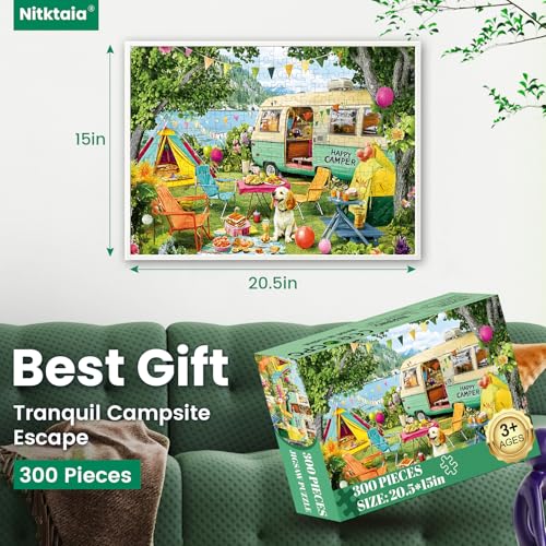 300 Piece Puzzles for Adults,Lakeside Camping Puzzle for Adults Teens,Large Piece Fun Jigsaw Puzzle for Kids Ages 8-10 10-12,Glossy & Sturdy Pieces,Challenging Family Game Great Gift Idea,20.5 x 15 in - style: Lakeside Camping