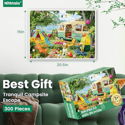 300 Piece Puzzles for Adults,Lakeside Camping Puzzle for Adults Teens,Large Piece Fun Jigsaw Puzzle for Kids Ages 8-10 10-12,Glossy & Sturdy Pieces,Challenging Family Game Great Gift Idea,20.5 x 15 in - style: Lakeside Camping