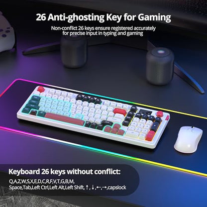 Fogruaden 96% Wireless Quiet Silent Gaming Keyboard with Number Pad & Knob, Mechanical Feel, Spill-Resistant, Multimedia Keys, Wired/BT/2.4G, USB Rechargeable Membrane Computer Keyboard for Win/Mac - color: White