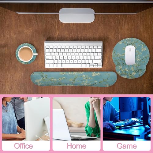 Blossoming Almond Tree Keyboard Wrist Rest Pad and Mouse Pad Wrist Support Set,White Flower 3-in-1 Ergonomic Mouse Pad with Non-Slip Rubber Base for Home Office Game Computers Desk, - color: Blossoming Almond Tree