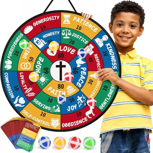 Garybank Bible Trivia Dartboard Game for Kids to Develop Biblical Virtue | 280 Trivia Questions, 20 Christian Virtue Cards, 24 Sticky Balls, Learn Bible Stories and Verses, Youth Group Pastor Ministry