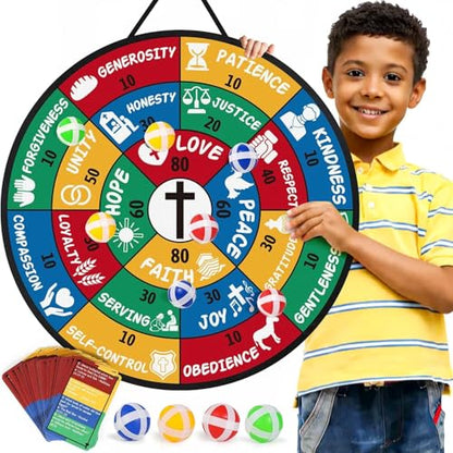 Garybank Bible Trivia Dartboard Game for Kids to Develop Biblical Virtue | 280 Trivia Questions, 20 Christian Virtue Cards, 24 Sticky Balls, Learn Bible Stories and Verses, Youth Group Pastor Ministry