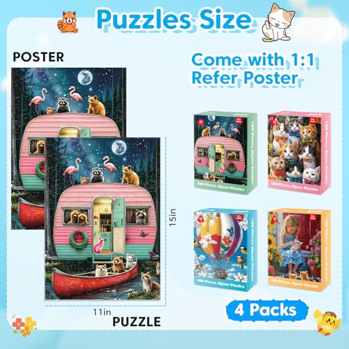 4-Pack 100 Piece Puzzles for Kids Ages 4-6, 6-8 | RV Trailer, Hot Air Balloon, Girl & Cats | Engaging & Educational Jigsaw Puzzles for Girls and Boys - style: Hot Air Balloon