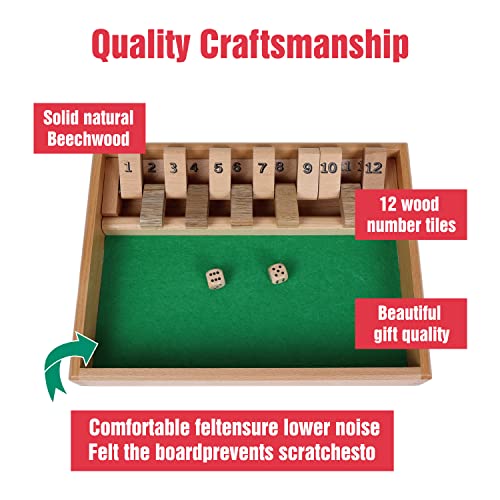 GOTHINK Shut The Box - Table Math Game with 12 Inch Wooden Board for Adults & Kids - 12 Spots Dice Game with 2+ Player Games, Includes 2 Dice, Ideal for Game Night, Travel, Classroom - (Ages 6+) - color: Brown - 12 Spots