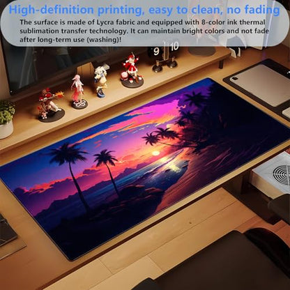 Beach Sunset Desk Mat, Synthwave XXL Large Gaming Mouse Pad | Aesthetic tropical neon desk pad with comfortable 3mm cushion, smooth fabric top, and non-slip natural rubber base. - color: Sunset Beach