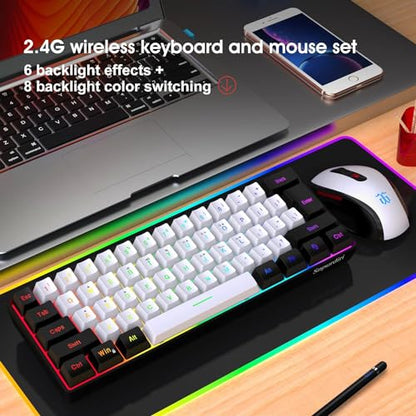 Snpurdiri 2.4G Wireless Gaming Keyboard and Mouse Combo, Include Mini 60% Merchanical Feel RGB Backlit Keyboard, Ergonomic Vertical Feel Small Wireless Mouse(Black and White) - color: Black White Combo