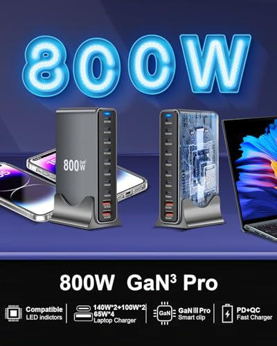 800W USB C Fast Charger Block, Multi-port USB Charging Station, GaN Ⅲ Double 140W PD PPS Port Fast Charging Station for Multiple Devices,Laptop Wall Charger Compatible with iPhone 17,iPad, MacBook etc - size: 800W+A 240W Braided Nylon Fast Charging Cable