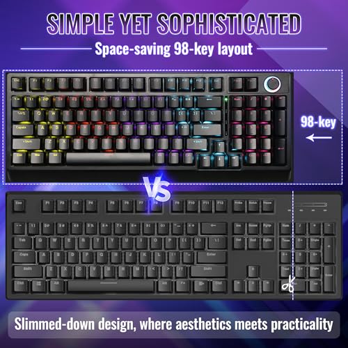 Mechanical Gaming Keyboard with Red Switches: 98 Keys PC Gaming Keyboard with Backlit，Multi-Function Volume & Lighting Knob,Anti-Ghosting Wired USB keybaord for Elite PC/Mac Gamers