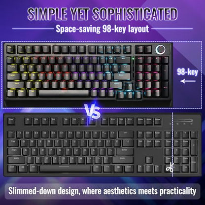Mechanical Gaming Keyboard with Red Switches: 98 Keys PC Gaming Keyboard with Backlit，Multi-Function Volume & Lighting Knob,Anti-Ghosting Wired USB keybaord for Elite PC/Mac Gamers