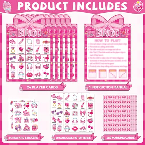 39 Pcs Pink Bow Party Bingo Game for Adults Kids 24 Players Pink Girls Party Bingo Game Cards with Reward Stickers for Family Friends Large Group Gathering Bachelorette Princess Doll Party Favors - style: Pink Girls