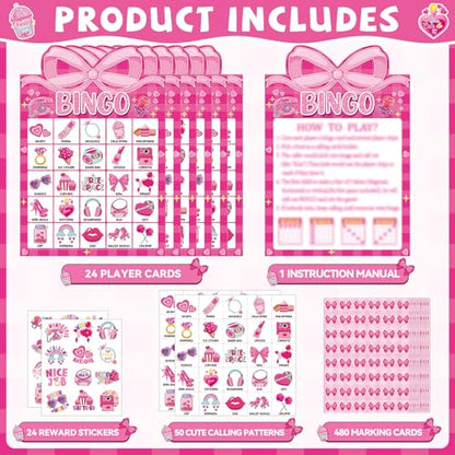 39 Pcs Pink Bow Party Bingo Game for Adults Kids 24 Players Pink Girls Party Bingo Game Cards with Reward Stickers for Family Friends Large Group Gathering Bachelorette Princess Doll Party Favors - style: Pink Girls