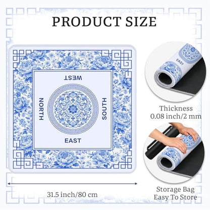 Flowers Mahjong Table Mat, Blue Flower Non-Slip Noise Reduction Mah Jong Mat with Carrying Bag, Game Table Cover for Mahjongs Poker Card, Festival Birthday Gift for Mahjong Lovers, 31x 31In - color: Flower-lattice
