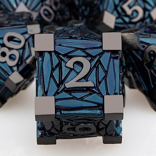7PCS Metal DND Dice Set with Box, Debris RPG Black Blue D and D Dice for use with D&D Tabletop Games Role Playing Game Polyhedral Dice Set D20 D12 D10 D8 D6 D4 - color: Black Blue
