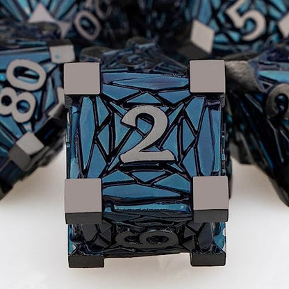 7PCS Metal DND Dice Set with Box, Debris RPG Black Blue D and D Dice for use with D&D Tabletop Games Role Playing Game Polyhedral Dice Set D20 D12 D10 D8 D6 D4 - color: Black Blue