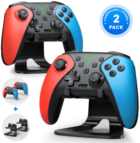 Switch Controller 2-Pack, Wireless Pro Controller for Switch2/Switch/Lite/OLED, Bluetooth Gamepad with Programmable Back Buttons, Turbo, Vibration, Gyro, Compatible with iOS/Android/PC, Includes 2 Stands - color: Red & Blue-2 pack