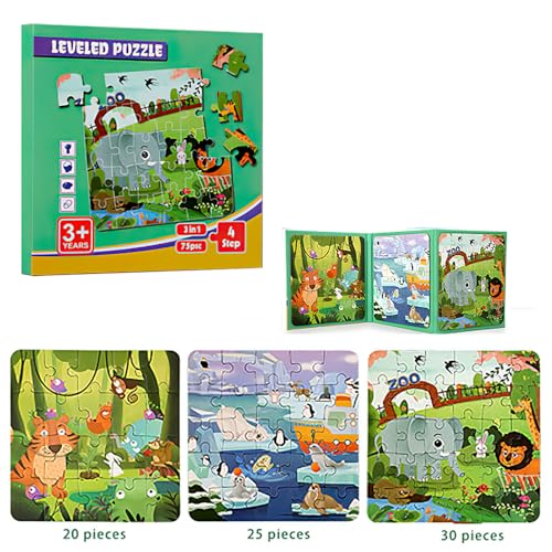 Magnetic Puzzles for Kids Ages 3-5, 3 in 1 Animal Magnet Jigsaw Puzzle Book for Toddlers, Car Airplane Road Trip Activities Toys for 3 4 5 6 Year Old Girls Birthday (Animal) - style: Level 3 Animal