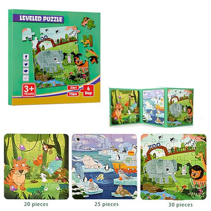 Magnetic Puzzles for Kids Ages 3-5, 3 in 1 Animal Magnet Jigsaw Puzzle Book for Toddlers, Car Airplane Road Trip Activities Toys for 3 4 5 6 Year Old Girls Birthday (Animal) - style: Level 3 Animal