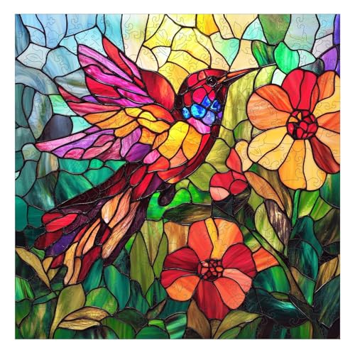 Mocfesk Wooden Puzzles for Adults, 200 Pieces Hummingbird Jigsaw Puzzle | Stained Glass Wood Puzzle, Animal Shape Wood Puzzles, Gift for Bird Lovers, Wall Decor, 11.2 x 11.2 in - color: Glass Hummingbird, size: Small