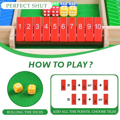 Shut The Box Dice Game – Travel Size 4 Player Wooden Board | Classic Strategy Board Game For Kids & Adults. Fun For Family, Classroom, Home, Party, Pub. Great Travel Size Tabletop Game