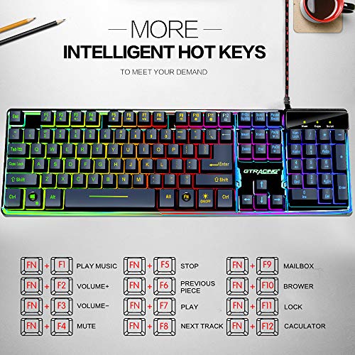 GTRACING Gaming Keyboard Wired USB Gamer Keyboards Rainbow LED Backlit 104 Keys Ergonomic Keyboard Compatible with Windows PC Gamer Desktop