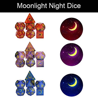 Cusdie Sharp Edges DND Dice, 7 PCs Moon Dice Set D&D Dice, Handcrafted Polyhedral Dice Set, for Role Playing Game (Moon/Purple Black) - color: Moon Pattern-purple Black