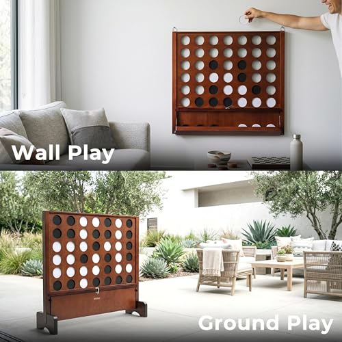 Giant Wooden 4 in A Row Game for Indoor or Outdoor Games | Built-in Foldable Tray, Wall Mounted or Set-up on Ground, Carrying Case - style: Classic