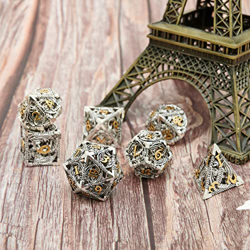 DND Dice Set Metal Dice Dungeons and Dragons Dice Gift Polyhedral Dice Set Role Playing Dice D20 Hollow Polyhedral Dice Set for Dungeons and Dragons RPG MTG Table Games - color: Ancient Silver and Gold