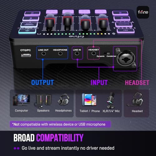 FIFINE XLR/USB Microphone Set with Gaming Audio Mixer, Metal Sturdy Mic Arm Stand, Over-Ear Wired Headphone for Streaming, Podcast, Recording