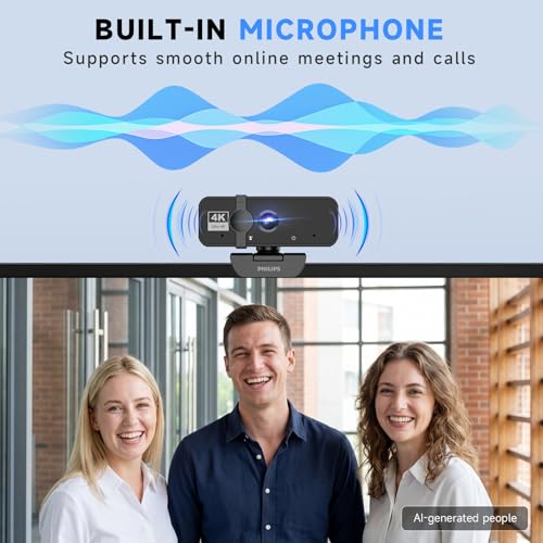 PHILIPS 4K Webcam for PC with Microphone, Computer Camera for Meetings with Privacy Cover, Plug & Play USB Web cam for Laptop, Desktop, Zoom, Teams, Skype, Video Conferencing, Streaming - Black | Plug & Play USB Web cam with Privacy Cover, for Laptop, Des