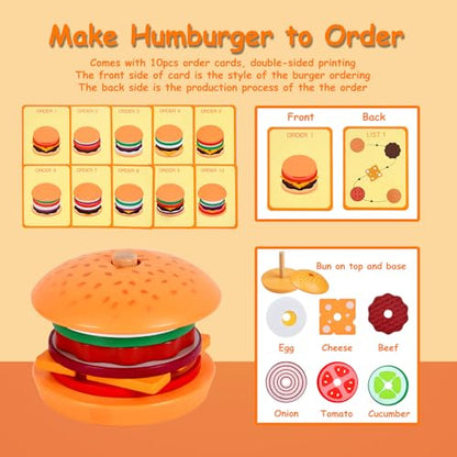 Wooden Burger Stacking Toys Montessori Toys For Toddlers Preschool Education Activity Board Game Early-Education Matching Speed Race Pretend Toy Food Back To School (Burger) - color: Burger
