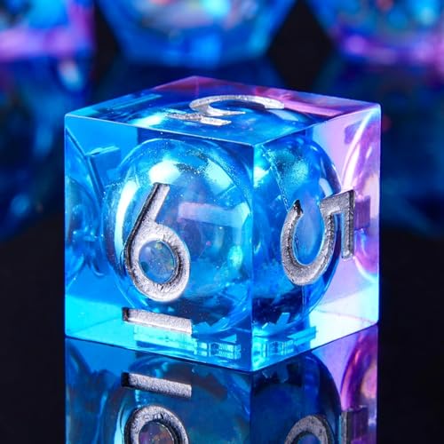 Liquid Core DND Dice Set, 7pcs Sharp Edge Dice for Role Playing Dungeons and Dragons Ttrpg with Gift Box, Handmade Resin D&D Dice RPG Role Playing Games Dice Set(Blue-Purple& Quicksand) - color: Liquid-blue Purple