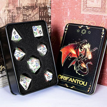 Gothic DND Dice Set Bleeding Rose Metal D and D Dice for use with Dungeons Dragons D&D Role Playing Game, Blue Purple RPG Polyhedral Dice Set D20 D12 D10 D8 D6 D4 - color: Purplish Blue&silver&black Numbers