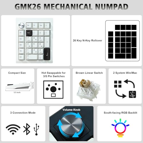 FKZ GMK26 Mechanical Numpad,Gasket VIA Macro Numeric Keypad Hot Swap Wireless 2.4G/BT5.0/Wired USB-C RGB Backlit 26 Keys Mini Protable Number Keyboard Programmable for Win/Mac/Gaming (White) - color: White