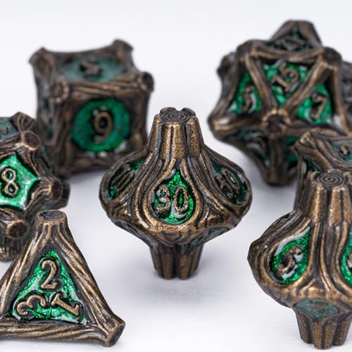 7PCS Metal DND Dice Bronze Green Metal Dice Set D&D for Board Games | Leather Storage Bag, DM Gift, for Dungeons and Dragons Role Playing Games - color: Metal Tree-bronzegreen