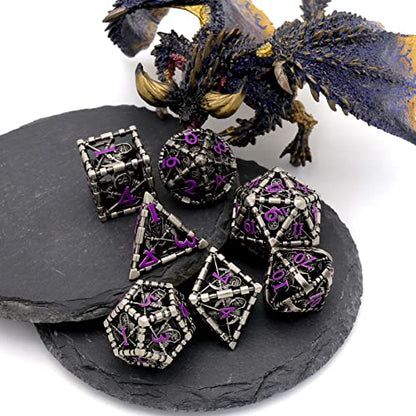DND Dice Set,Grim Reaper Design Hollow Metal 7-Die,Purple Numbers | Lightweight copper dice,Easy-To-Read Engraved Numbers,a Gift Box and Velvet Bag for DND RPG Play - color: Grim Reaper Purple Number