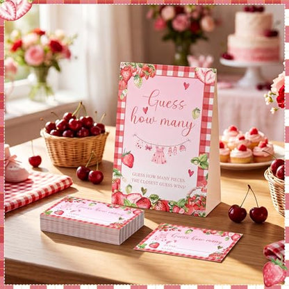 Strawberry Sweet Guess How Many Baby Shower Game Pack of 1 Tabletop Sign with Stand and 50 How Many Cards, Berry Sweet Gender Reveal Party Game Decorations - style: Strawberry