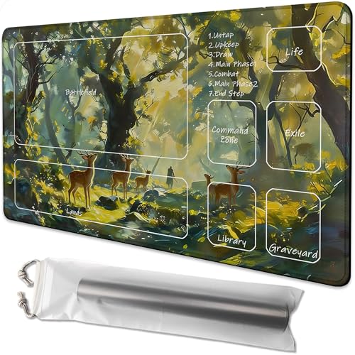 for MTG Playmat 24 x 14 Inches Enchanted Forest Magic Play Mat Card Game Mat for Magic The Gathering TCG PTCG Playmat with Free Storage Bags Non-Slip Backing and Stitched Edge - color: Enchanted Forest With Zones