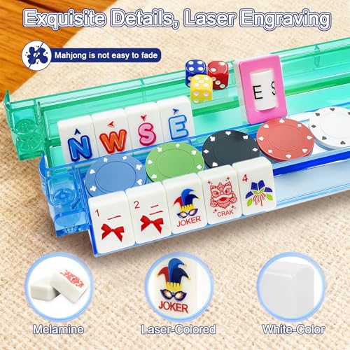 Deluxe American Mahjong Tile Set, 166 Unique Designer Tiles, White | Complete game kit with 4 pcs shuffler cards, 4 all-in-one racks/pushers and custom premium travel bag for family game night. - color: White