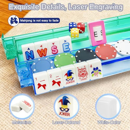 Deluxe American Mahjong Tile Set, 166 Unique Designer Tiles, White | Complete game kit with 4 pcs shuffler cards, 4 all-in-one racks/pushers and custom premium travel bag for family game night. - color: White