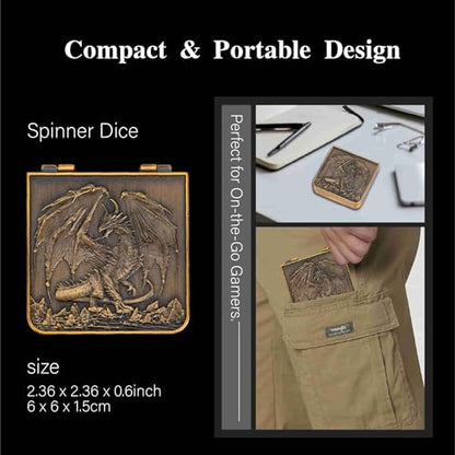 Foldable Spinner Metal DND Dice Set – Compact Elegant Design with D4, D6, D8, D10, D12, D20, D% for TTRPG Gifts - color: Ancient Gold