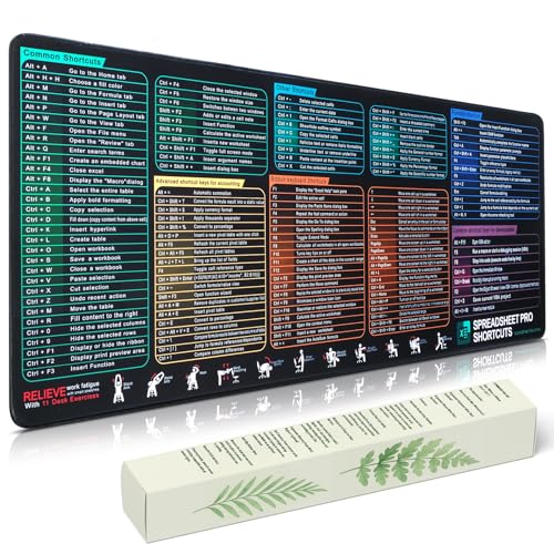 Excel Cheat Sheet Desk Pad, Large Mouse Pad with Shortcuts & Formulas for Windows PC, Non-Slip Stitched Office Keyboard Mat, Carbon Black, 35.5 x 15.8 in,3mm Thick - color: Carbon Black(XXL Single), size: 35.5L x 15.8W inches