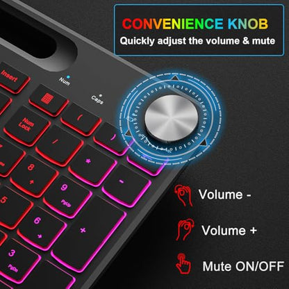 BlueFinger Wireless Keyboard and Mouse Combo Backlit, 2.4G Rechargeable Ergonomic Gaming Keyboard with Wrist Rest, Phone Holder, Volume Knob, Silent Light Up Keyboard with Mouse for Computer Laptop