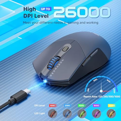 Redragon Wireless Gaming Mouse, Ultra-Light 26K DPI Gaming Mouse Tri-Mode Bluetooth Mouse Ergonomic Natural Grip Build, Full Programmable Buttons, Software Supports DIY Keybinds