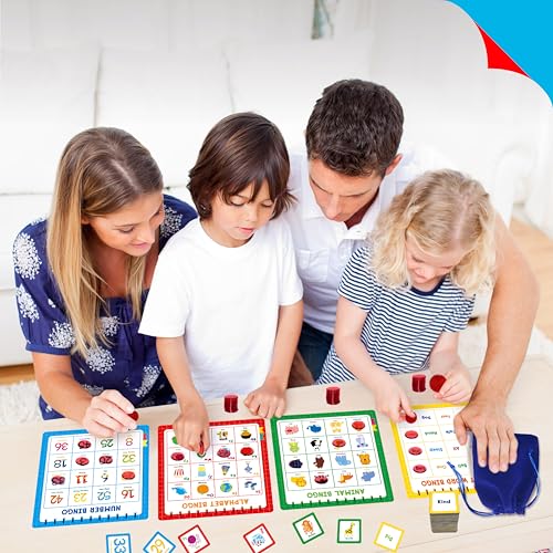 Family Bingo Game, Alphabet Animal Sight Word and Number Bingo Board Game, Counting and Matching Skills Classic Educational Game for Kindergarten and Preschool Kids, Perfect for Home and Classroom - style: Family Bingo Game