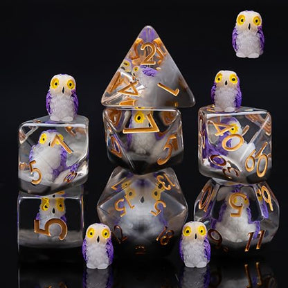 DND Owl Resin Dice Set, Animal Polyhedral Dice for Dungeons and Dragons, RPG, MTG D&D 7-DIE (D4, D6, D8, D10, D12, D20, D%) - color: Owl